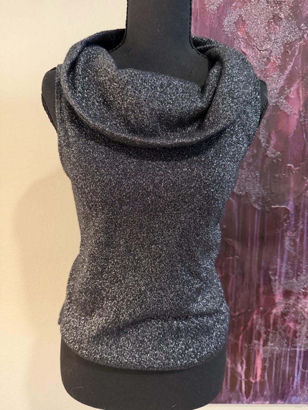 La Belle Metallic Silver-Black Cowl Neck Sleeveless Sweater
